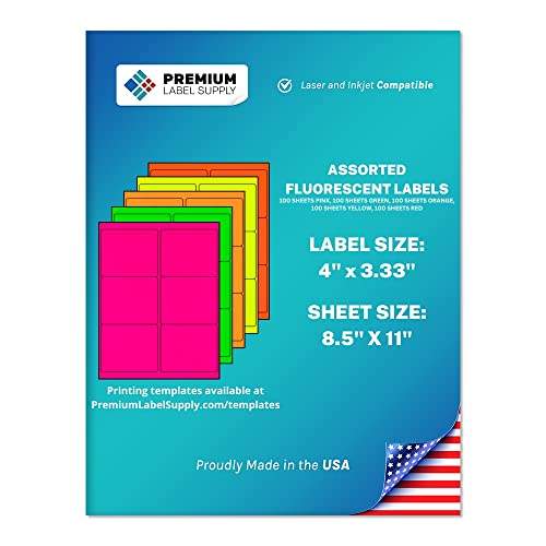 Premium Label Supply Bright Neon Color Fluorescent Stickers - 4" x 3.33" Labels - (Assorted Fluorescent, 3000 Labels) - color: Assorted Fluorescent, size: 3000 Labels