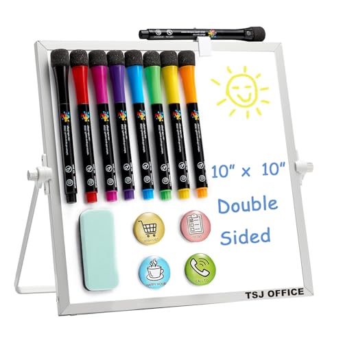 TSJ OFFICE Small White Board - 10 X 10 Inches Small Magnetic Dry Erase Board with Hooks for Wall, Desktop Whiteboard Stand 360 Degrees Revolving Double Sided for Office, Home, School, Silver - color: Silver, size: 10"W x 10"H