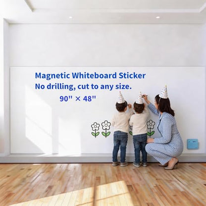 Giant Magnetic Dry Erase Whiteboard 90"x48" - Jumbo Self-Adhesive Flexible Wall Board, Seamless Coverage for Conference Room, Office, Classroom with 11 Markers, 6 Magnets, Eraser & Holder - size: 48"W x 90"H