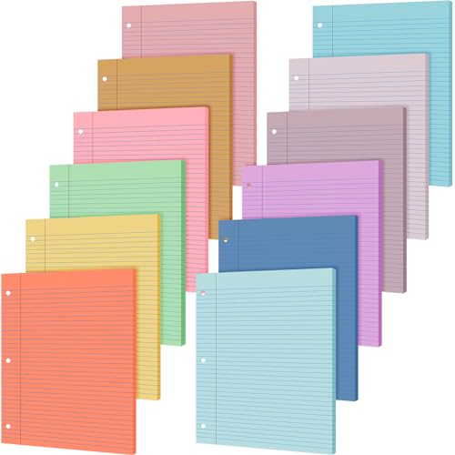 PerKoop 12 Pack 600 Sheets Colored Loose Leaf Paper College Ruled 8" x 10.5", Pastel Colorful Lined Writing Paper 3 Hole Punched Filler for 3 Ring Binder School Office Supplies(Sweet Color) - color: Sweet Color
