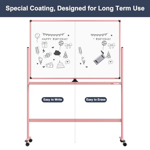 Mobile Whiteboard, 48x32 Inches Dry Erase Board with Stand, Large Rolling Whiteboard on Wheels, Standing White Board for Office, School, Home, Magnetic Double Sided White Board with Paper Pad - color: Pink, size: 48"x32"