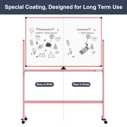 Mobile Whiteboard, 48x32 Inches Dry Erase Board with Stand, Large Rolling Whiteboard on Wheels, Standing White Board for Office, School, Home, Magnetic Double Sided White Board with Paper Pad - color: Pink, size: 48"x32"