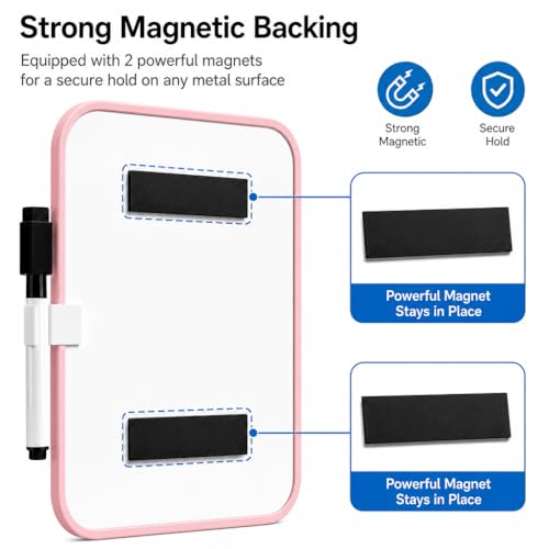 6“ x 8” Mini Whiteboard with Erasable Markers and 2 Round Magnets (Pink) | ABS frame, magnetic board—smooth surface;easy to write on and erase—small white board for fridge, school lockers, and offices - color: Pink
