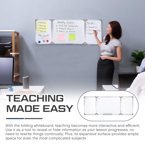 AmazingSpark 48” x 18” Foldable Whiteboard Dry Erase Board Large Tri Folding Whiteboard Magnetic Dry Erase Board, Wall Aluminium Frame and Flip Out Pen Tray for Office, Home - size: 48"W x 18"H