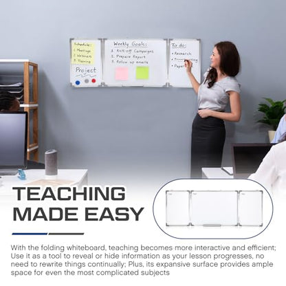 AmazingSpark 48” x 18” Foldable Whiteboard Dry Erase Board Large Tri Folding Whiteboard Magnetic Dry Erase Board, Wall Aluminium Frame and Flip Out Pen Tray for Office, Home - size: 48"W x 18"H