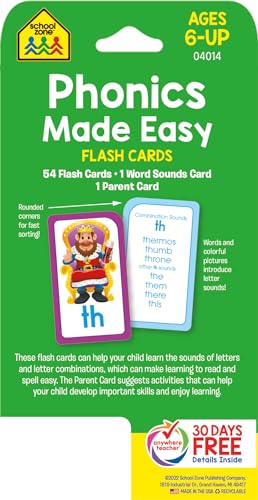 School Zone Phonics Made Easy Flash Cards: 56 Cards, Kindergarten, 1st Grade, 2nd Grade, Early Reading, Short Vowels, Long Vowels, Letter Combinations, Word-Picture Recognition, Ages 6+