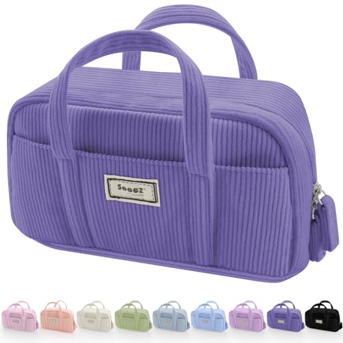 Sooez Large Pencil Case Pouch, Extra Big Pencil Bag with 5 Compartments, Pen Bag Wide Opening, Soft Corduroy Pencil Pouch Organizer with Zipper, Cute Aesthetic School Supplies for Teen Girls-Purple - color: Purple