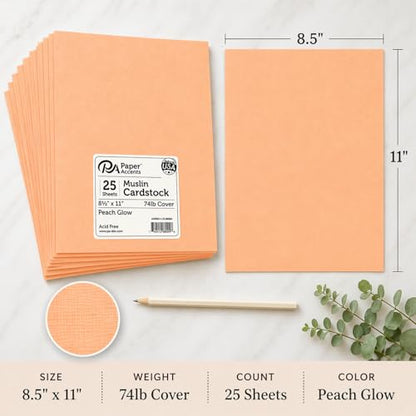 Paper Accents Muslin Texture Cardstock, Peach Glow, 8.5x11 Inch, 25 Pack, 74lb, Scrapbooking Card Making and Crafts