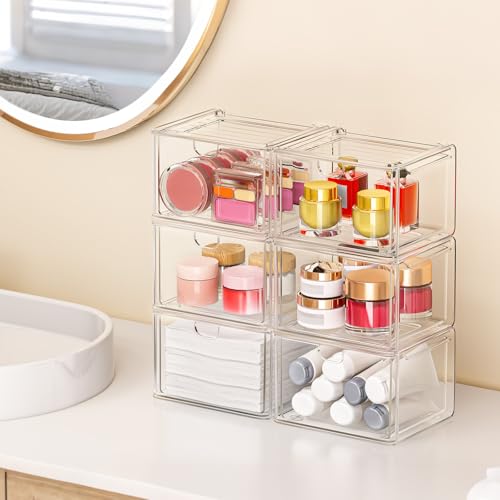 caktraie Acrylic Stackable Storage Drawers Set of 6, Clear Plastic Storage Drawer Organzier, Storage Organizer, Makeup Organizer,Ideal for Vanity, Bathroom,Cabinet,Pantry Organization - style: 2 Large+4 Medium Drawers