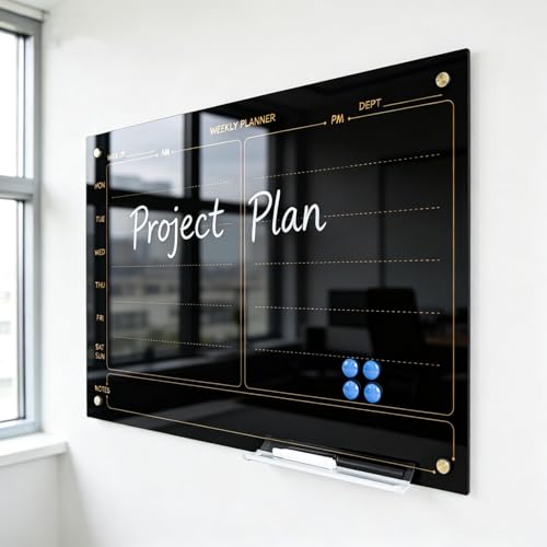 "Magnetic Planner Black Glass Board 24"X36" Weekly Glass Calendar Glassboard Premium Tempered Dry Erase Board Frameless Wall Mounted (Black)" - size: 36"W x 24"H