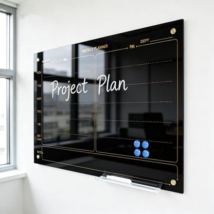 "Magnetic Planner Black Glass Board 24"X36" Weekly Glass Calendar Glassboard Premium Tempered Dry Erase Board Frameless Wall Mounted (Black)" - size: 36"W x 24"H
