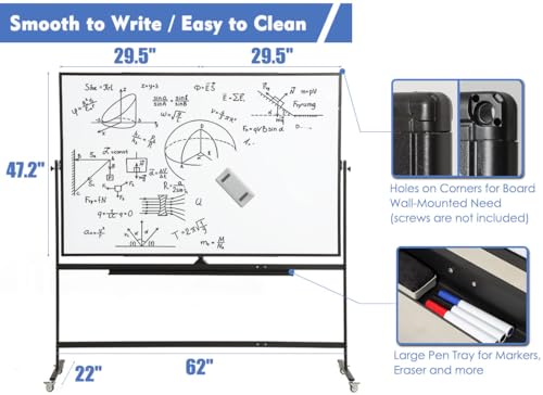 Large Magnetic Mobile Whiteboard 60"x48", Rolling Double Sided Stand Whiteboard on Wheels, Reversible Adjustable Height/Angle Dry Erase Board 5' x 4' Easel White Board for Office Classroom, Black - color: Black, size: 60" x 48"