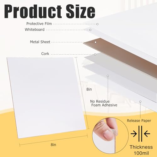 Metal White Board for Magnetic Hook on Non-Metal Wall,Magnetic Receptive Plate with Adhesive Backing,Square 8" Peel and Stick Solid Steel to Display Souvenir Travel Magnets-4 Pack