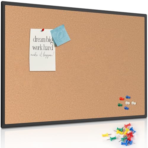 Cork Board Bulletin Board 48" x 36", Black Aluminium Framed 4x3 Corkboard, Office Board for Wall Cork, Large Wall Mounted Notice Pin Board with 18 Push Pins for School, Home & Office - size: 46" x 32