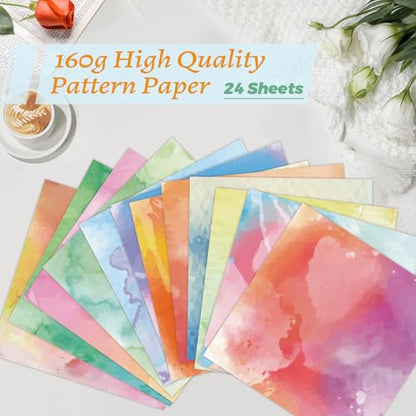 Konsait 24 Sheets Watercolor Scrapbook Paper 12x12, Double Sided Watercolor Cardstock Stationery Paper Origami Papers for Card Making Romantic Scrapbook Supplies