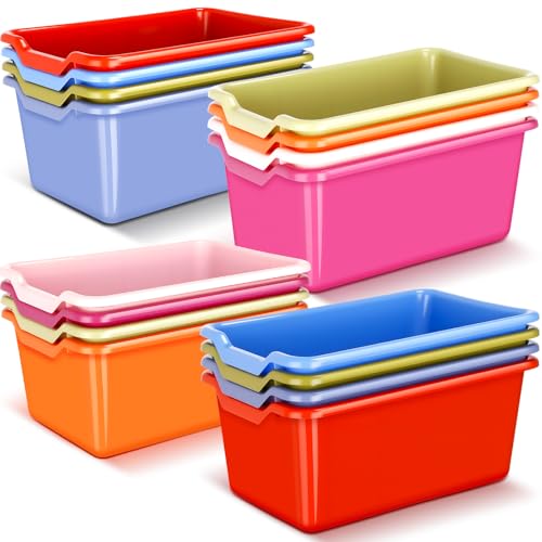 Dandat 16 Pcs Plastic Book Bins for Classroom Library Cubby Bins Scoop Front Stackable Toy Storage Tubs Containers for School Office Home Nursery Playroom Organization (Vintage Color) - color: Vintage Color