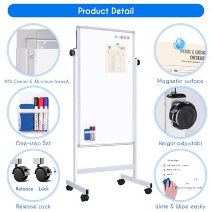 maxtek Rolling White Board, 48 x 24 Height Adjustable Whiteboard on Wheels, Large Magnetic Standing Mobile Easel Board, Double-Sided with Stand for Office, Home, and Classroom - style: 24X48 in Silver