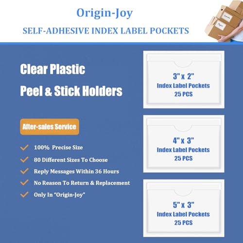 Origin-Joy 25 PCS Self-Adhesive Index Label Pockets, Clear Plastic Peel & Stick Card Holders with Top Open for Loading (2.5 x 3.5 inch) - size: 2.5 x 3.5 inch, style: Vertical