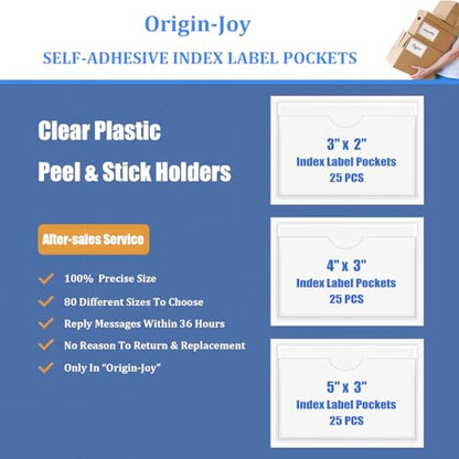 Origin-Joy 25 PCS Self-Adhesive Index Label Pockets, Clear Plastic Peel & Stick Card Holders with Top Open for Loading (2.5 x 3.5 inch) - size: 2.5 x 3.5 inch, style: Vertical