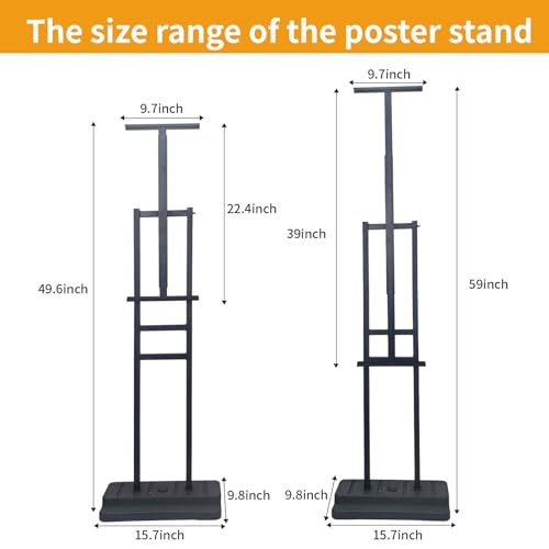 Upgraded Angled & 360° Swivel Poster Stand, Water-Fillable Weighted Base, Heavy Duty Adjustable Height Floor Sign Holder for Foam Board, Outdoor, Wedding, Business Display (Single-Sided, Black)
