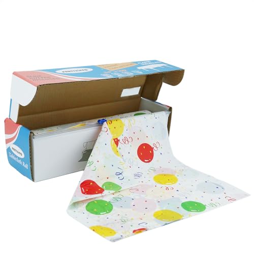 Plastic Tablecloth Roll – 54" x 100' Plastic Tablecloths for Parties Disposable with Cutter Box - Cut to Size Disposable Tablecloth for Rectangle & Round (Balloon) - color: Balloon