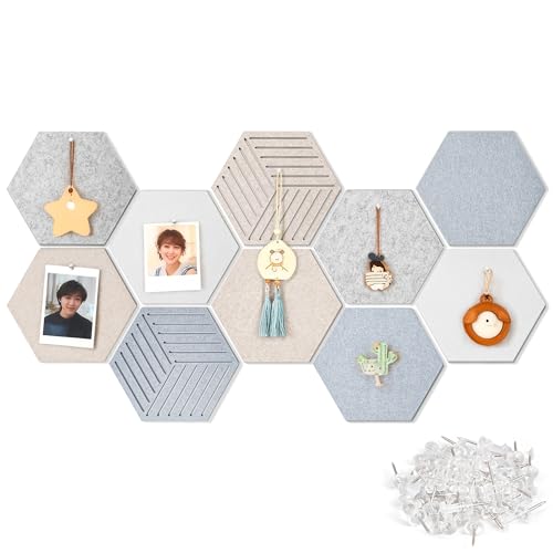 10PCS Hexagon Cork Board Tiles Alternative - 12x10 Inch Frameless Felt Bulletin Board for Wall, Adhesive Cork Board Tiles for Office & Home Decor, Sound Absorbing Pin Boards for Walls & Photos - color: Mixed A, Dark Grey, Light-camel, Off-white, Grey, siz