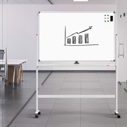 Dry Erase Whiteboard Easel on Wheels - TANKEE 48" x 32" Large Double Sided Mobile Whiteboard, Reversible Magnetic Rolling White Board for Home Office Classroom, Flip Chart Holders and Paper Pad - color: White, size: 48"x32"