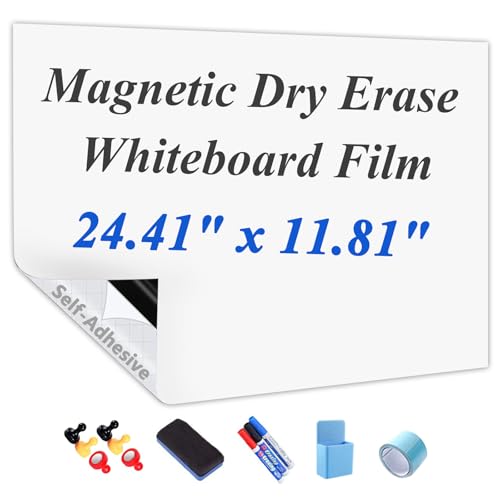 Self-Adhesive Dry Erase Whiteboard Sticker, 24.41" x 11.81" Magnetic Receptive White Board Wall Film, No Ghosting, Easy Write & Clean | Peel & Stick for Office, Home & Classroom,Incl. Accessories - size: 24.41" x 11.81"