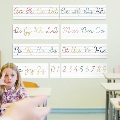 Set of 9 Cursive Writing Bulletin Board Cursive Alphabet Wall Strip for Teacher Supplies, Classroom Teaching Tool, Homeschooling, Kids Education(Colorful) - style: Colorful