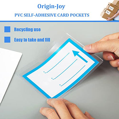 Origin-Joy 25 PCS Self-Adhesive Index Label Pockets, Clear Plastic Peel & Stick Card Holders with Top Open for Loading (2 x 2.25 inch) - size: 2 x 2.25 inch, style: Vertical