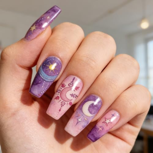 PH PandaHall 3pcs Sun Moon Star Nail Stamping Plates Star Chain Nails Art Stencils Galaxy Night Sky Nail Art Templates Bohemian Nails Image Plate for Women DIY Manicures Salon Design Printing - style: Sun Moon