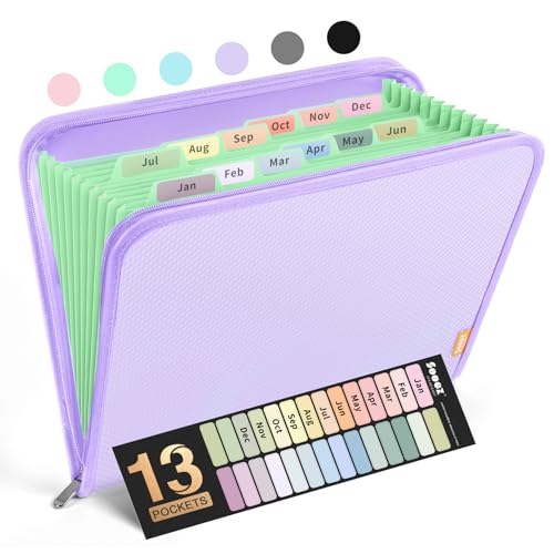 Sooez 13 Pocket Accordion File Organizer, Zipper Expanding File Folder Organizer, Reinforced Plastic Accordion Folder, A4 Letter Size, Portable Folders for Documents, Purple - color: Purple, style: 13 Pocket