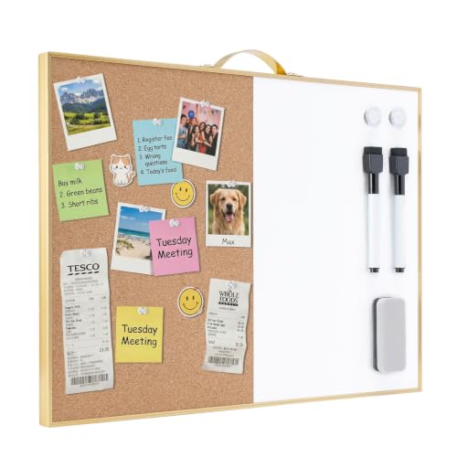 TSJ OFFICE Small Combination Board - 12" X 16" Portable Aluminum Gold Framed Magnetic Dry Erase Board for Wall, Small Bulletin Cork Board with Holder for Office, Home and School - color: Gold- Half Cork & Half Whiteboard