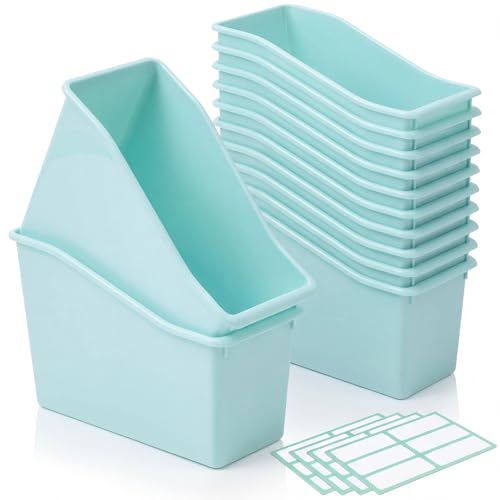 Geetery 6 Pcs Book Bin for Classroom with Labels Stackable Plastic Organizing Bins 11.5 x 5.4 x 7.5 in Book Holders Storage Bins Box Baskets for Classroom Library Home (Teal Color) - color: Teal Color