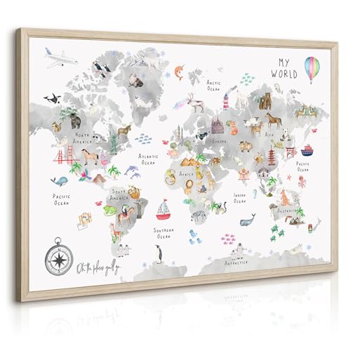 Joocrise Grey Kids World Map Wall Art Animal Map Canvas Wall Art Nursery Wall Decor World Map Poster Childrens Room Decor Playroom Prints Educational Artwork 16x24 Inch Wood Frame - color: Grey Map Art, size: 16x24 Inch Neutral Framed