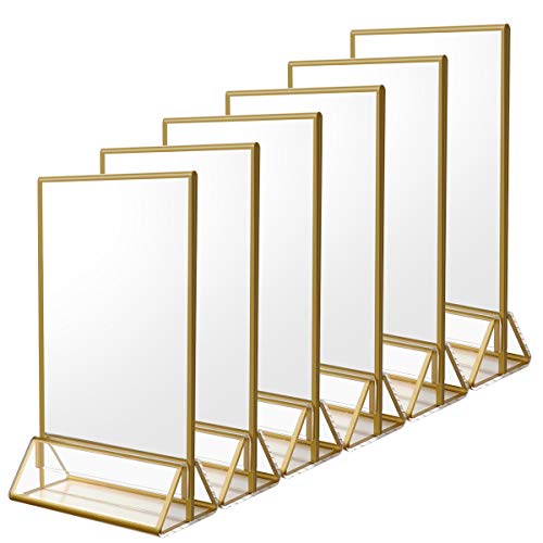 NIUBEE 6Pack 5 x 7 Clear Acrylic Wedding Table Number Holder Stands with Gold Borders, Double Sided Picture Frames Sign for Restaurant Menu Recipe Cards Photo Display - size: 5x7", style: Vertical