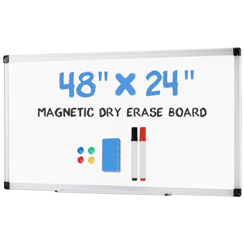 OLIXIS 24" x 48" Magnetic White Board, Dry Erase Board for Wall, Whiteboard with 1 Dry Eraser & 2 Multicolor Markers & 4 Magnetic Pins, Aluminium Frame for Home, School, Office, White - color: Light White, size: 48"W x 24"H