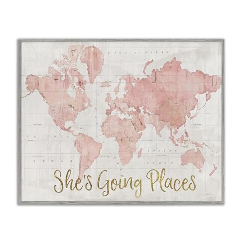 'Going Places Girl's Map'| Framed Giclee Art | Stupell Industries | Gray, 14 x 11 Inches, Easy to Hang and Sturdy, Made in USA, by Sue Schlabach - color: Farmhouse Gray (Textured), size: 14"L x 11"W, style: Framed Giclï¿½e (1.5"D)