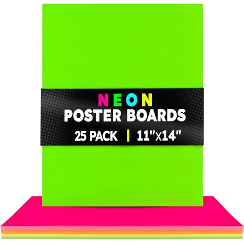 Hygloss Medium Poster Board 11x14 - 25 Assorted Neon Color Bulk Pack - 10 Pt. Thickness Colored Poster Board Paper for Projects, Signs, Displays - Posterboard Multipack 11" x 14" - color: Assorted Neon Colors, size: 11 x 14-Inch, style: 25 Sheets