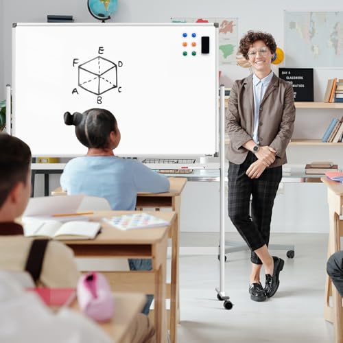 Dry Erase Whiteboard Easel on Wheels - TANKEE 48" x 32" Large Double Sided Mobile Whiteboard, Reversible Magnetic Rolling White Board for Home Office Classroom, Flip Chart Holders and Paper Pad - color: White, size: 48"x32"