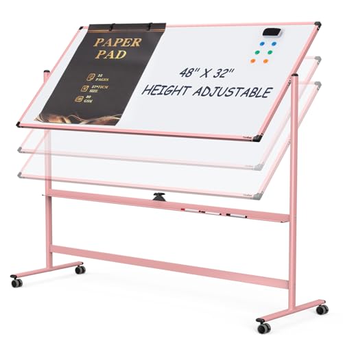 Mobile Whiteboard, 48x32 Inches Dry Erase Board with Stand, Large Rolling Whiteboard on Wheels, Standing White Board for Office, School, Home, Magnetic Double Sided White Board with Paper Pad - color: Pink, size: 48"x32"