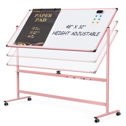 Mobile Whiteboard, 48x32 Inches Dry Erase Board with Stand, Large Rolling Whiteboard on Wheels, Standing White Board for Office, School, Home, Magnetic Double Sided White Board with Paper Pad - color: Pink, size: 48"x32"