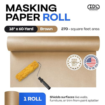 IDL PACKAGING Premium 18" x 60-Yard Brown Masking Paper Roll to Cover Area - Kraft Paint Paper to Protect Surfaces from Water-Based Materials - Painter’s Paper Roll for Home Improvements - color: 18"x180', Brown, size: 1 Roll