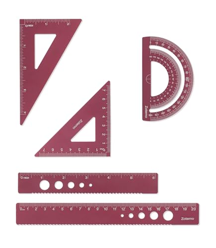 Metal Geometry Set, 5-piece Aluminum Ruler, Math Drafting Ruler Kit Includes Protractor, Triangle Rulers, Straight Rulers-Math Measurement Tools for School and Office Supplies (Plum Red) - color: Red