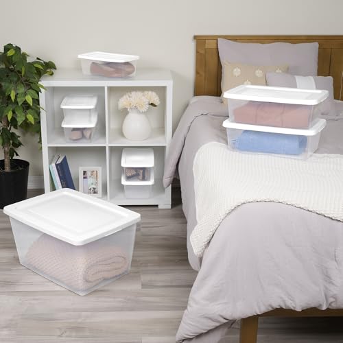 Sterilite 48 Pack Storage Box, 12 Quart Stackable Tote, Clear Plastic Container with Secure Snapping Lids for Home and Office Organization, White - size: 12 Quart, style: 48 Pack