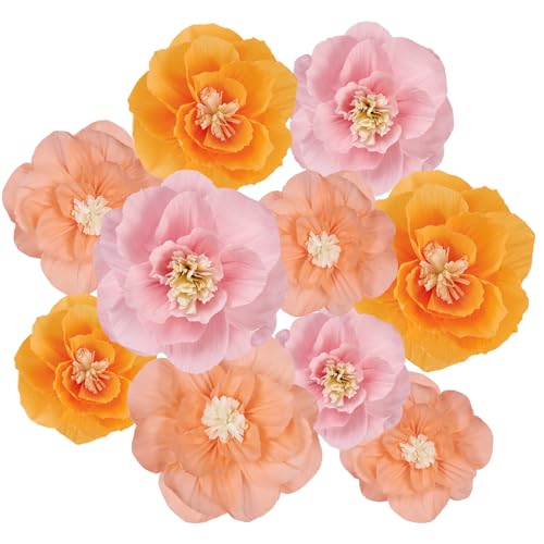 OBBOLO Crepe Paper Flowers, 10 Pcs Orange Pink Paper Flowers 12" Handcrafted Flowers for Baby Shower Wedding Birthday Backdrop Shower Party Nursery Craft Outdoor Wall Décor - color: Multi