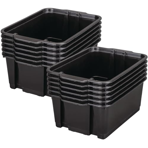 Really Good Stuff Stacking Bins, 14" x 10" x 5 .75" - 12 Pack, Black, Stackable Storage Plastic Bins for Classroom Organization, Home Storage, Office & Hospital Supplies