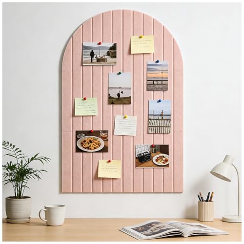 Arched Felt Bulletin Board (Pink), 35"x24" Large Wall Decor, 6 Pcs Self-Adhesive Tiles with Push Pins, Felt Cork Board Alternative for Home Office Classroom - color: Pink