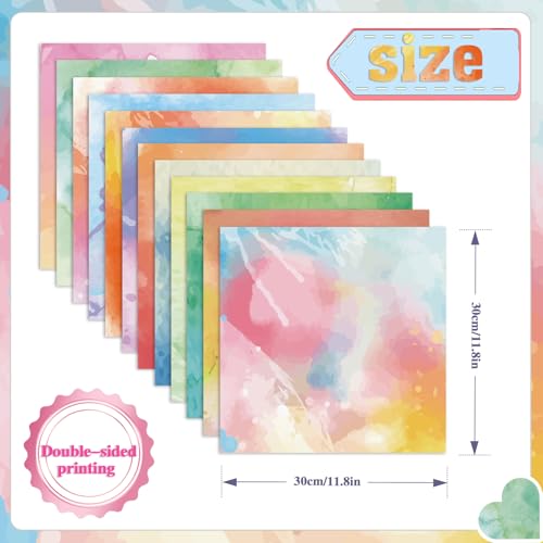 Konsait 24 Sheets Watercolor Scrapbook Paper 12x12, Double Sided Watercolor Cardstock Stationery Paper Origami Papers for Card Making Romantic Scrapbook Supplies