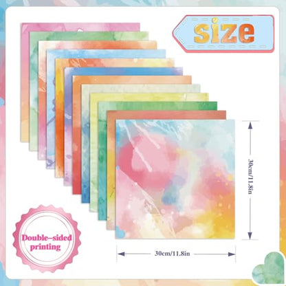 Konsait 24 Sheets Watercolor Scrapbook Paper 12x12, Double Sided Watercolor Cardstock Stationery Paper Origami Papers for Card Making Romantic Scrapbook Supplies